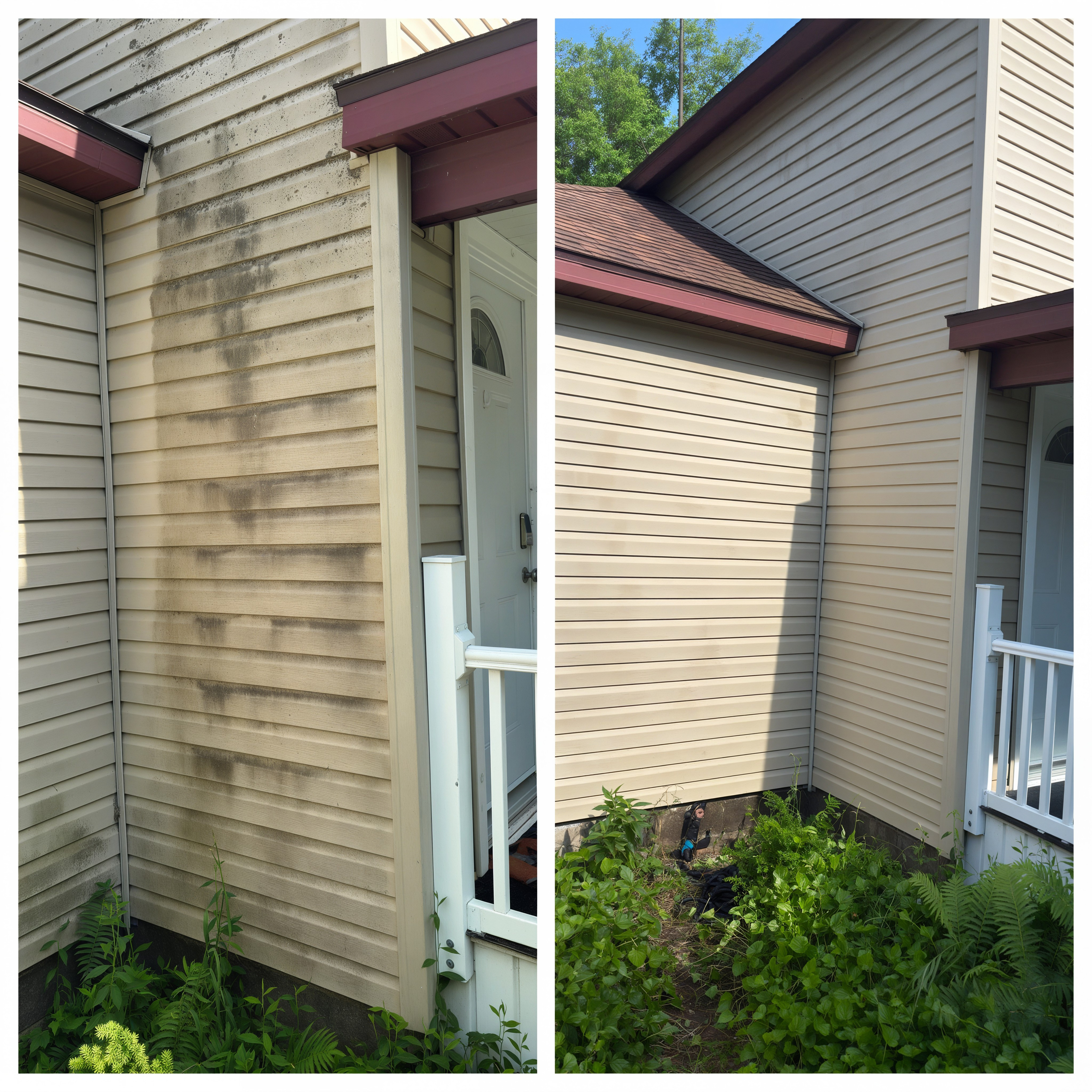 House siding wash before and after removing green algae - Lawndash Powerwashing Mt. Pleasant Michigan